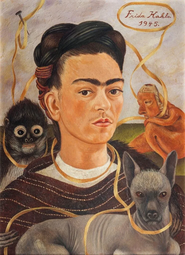 Frida Kahlo, Self-portrait With Small Monkey (1945). Photo by akg-images, Museo Dolores Olmedo, Mexico City, Xochimilco, ©Banco de Mexico Diego Rivera Frida Kahlo Museums Trust/VG Bild-Kunst, Bonn 2021; reproduction authorised by the Instituto Nacional de Bellas Artes y Literatura, 2021.