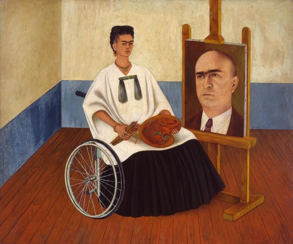 Frida Kahlo, Self-portrait (with Dr. Farill) , 1951. Photo by Rafael Doniz, courtesy Hauser & Wirth Collection Services, ©Banco de Mexico Diego Rivera Frida Kahlo Museums Trust/VG Bild-Kunst, Bonn 2021; reproduction authorized by the Instituto Nacional de Bellas Artes y Literatura, 2021.